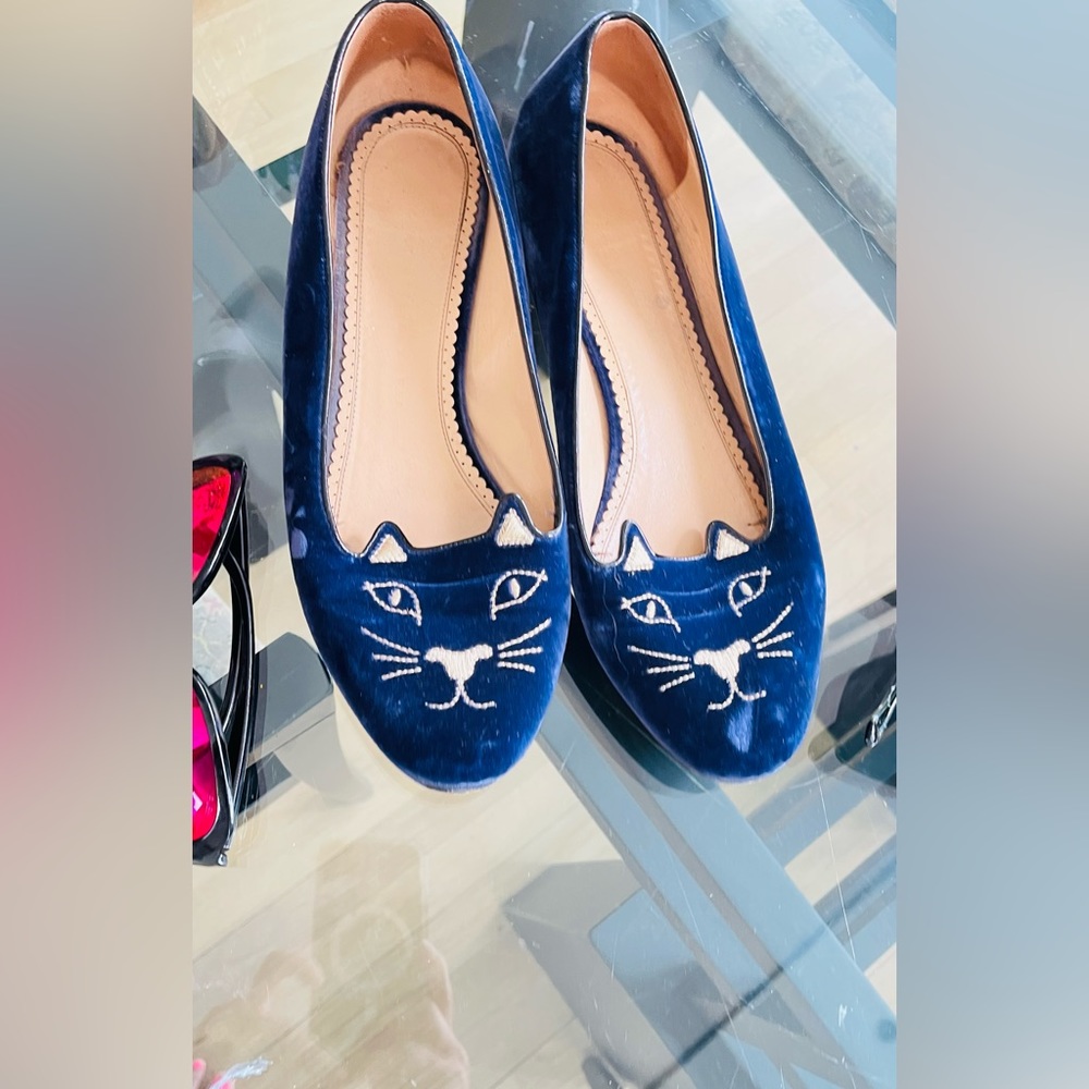 Charlotte Olympia Sleeping Kitty Flats 41 Blue Velvet